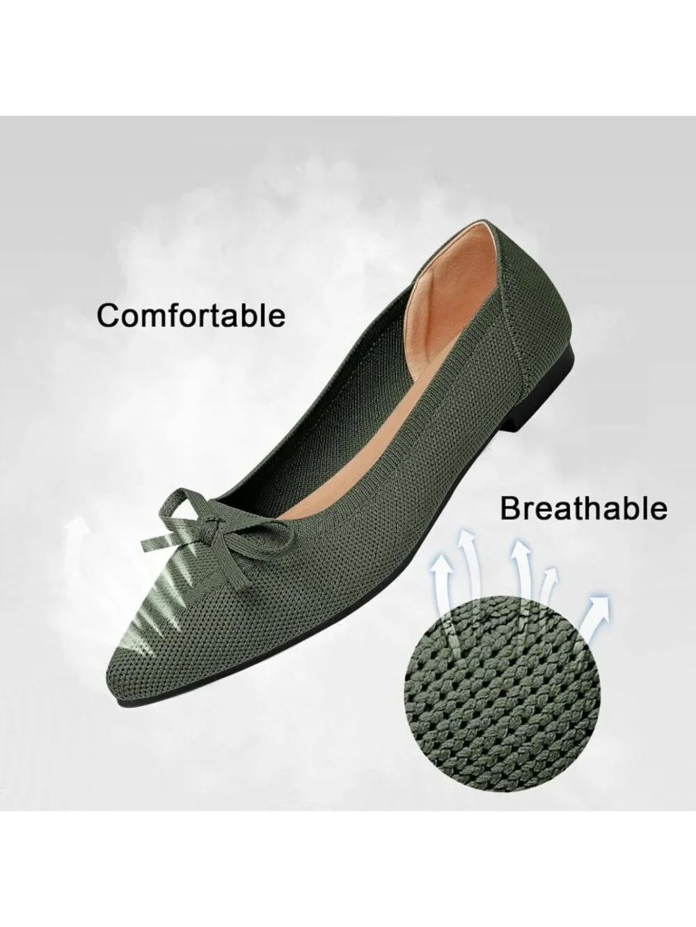 Women's Green Comfortable Pointed Toe Bow Knit Ballet Dressy Mesh Slip On Flats